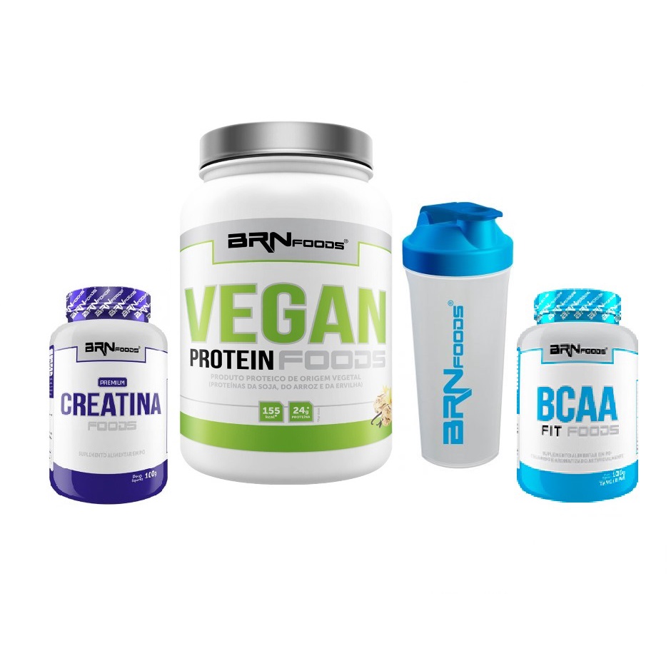 Kit Suplementos Whey Vegan Protein 500g + BCAA 100g + Creatina 100g + Coqueteleira 600ml BRN FOODS