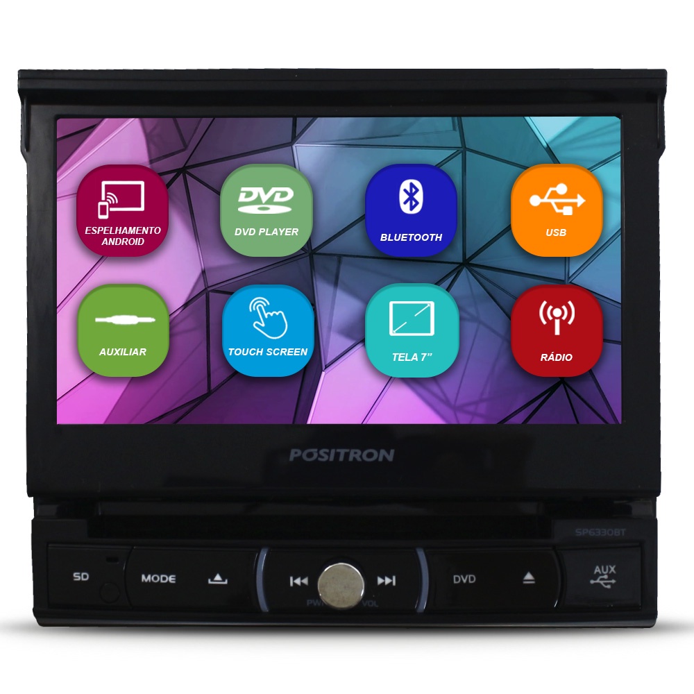 Dvd Player Automotivo 1 Din 7 Polegadas Positron SP6330-BT Retrátil Bluetooth Espelhamento Android Comando Som Volante