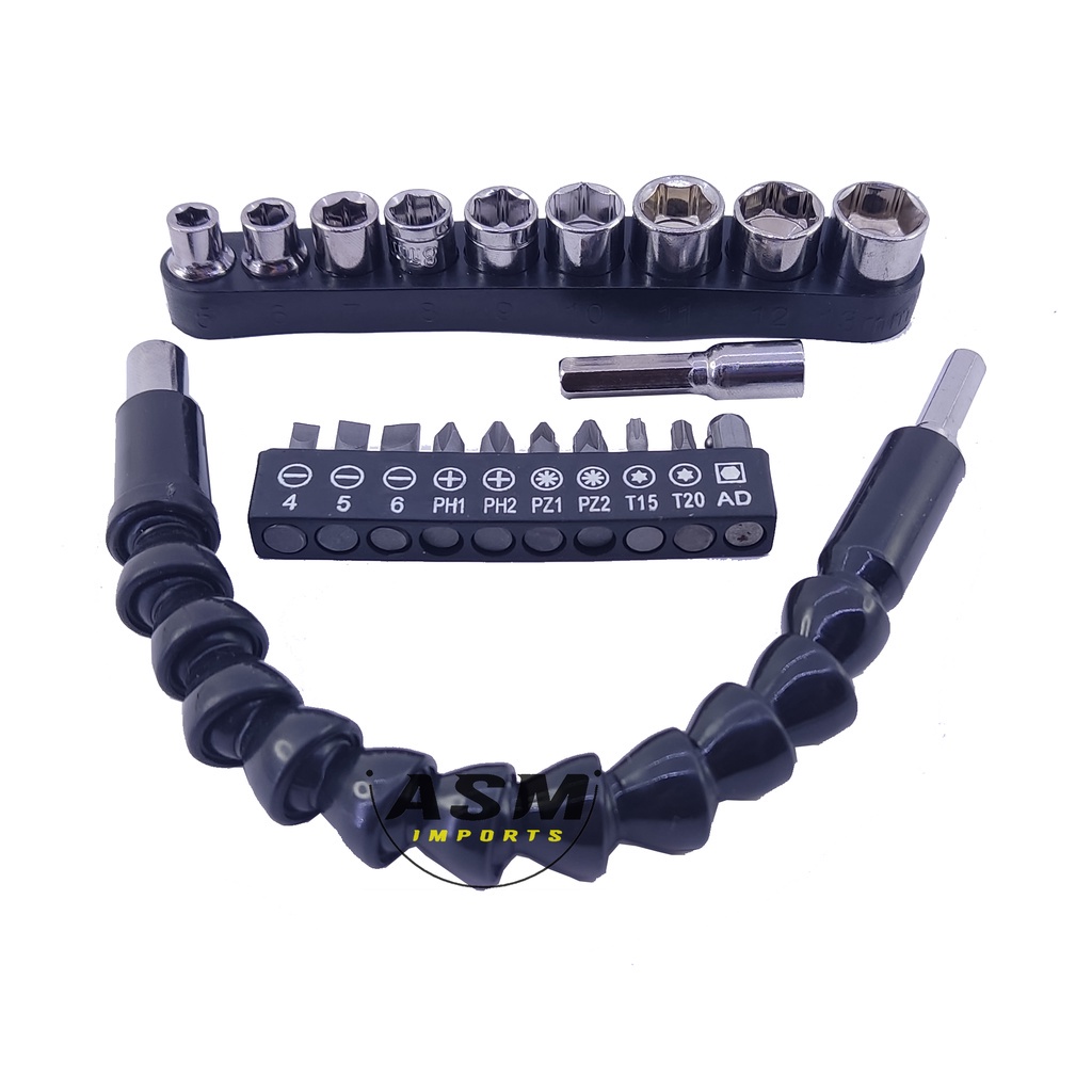 Kit 21 pcs Jogo Bits chave canhão + Extensão Extensor Flexivel 1/4