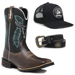 Kit Bota Boné Cinto Country Botina Texana Masculina Bico Quadrado Cano Alto Bordado Touro