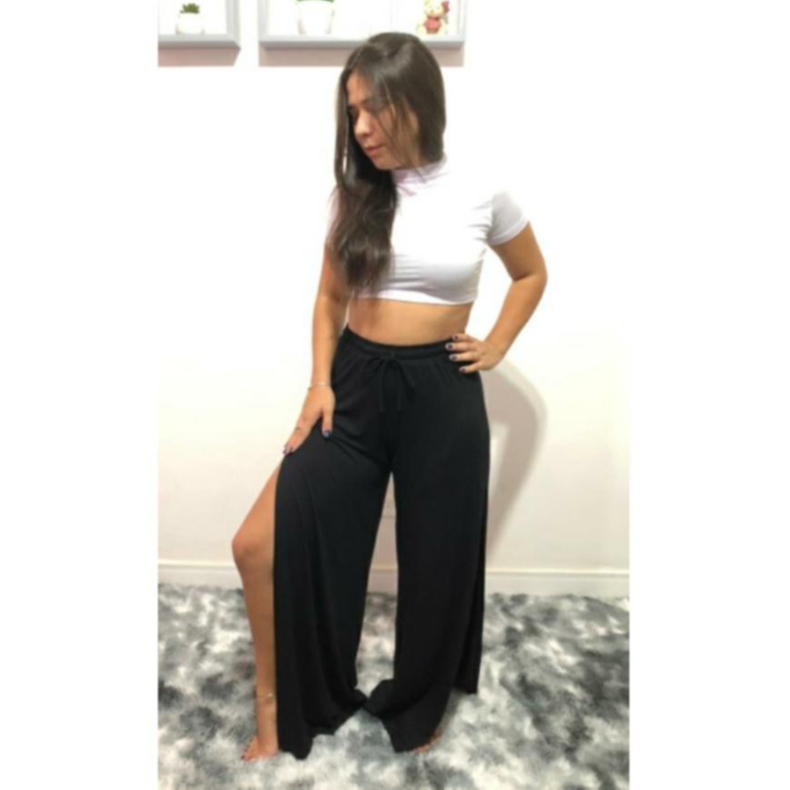 Calça pantalona best sale preta com fenda