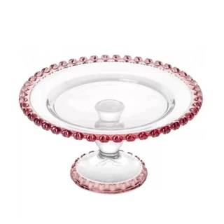 Prato Com Pé Para Bolo Borda Rosa Linha Coração Âmbar Rosa E Cristal