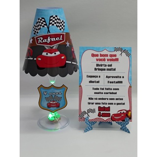 COMBO: 5 Abajures taça c/ led pisca-pisca + 5 Plaquinhas de agradecimento Carros  (QUALQUER TEMA)