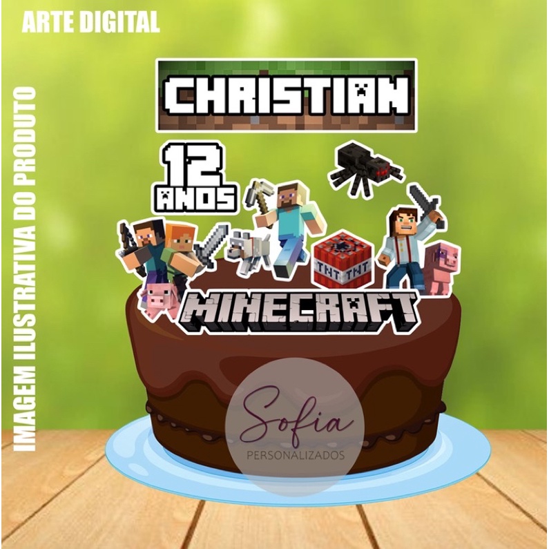 Topo de bolo/ Topper para bolo aniversário Minecraft Personalizado com  nome+idade em camadas
