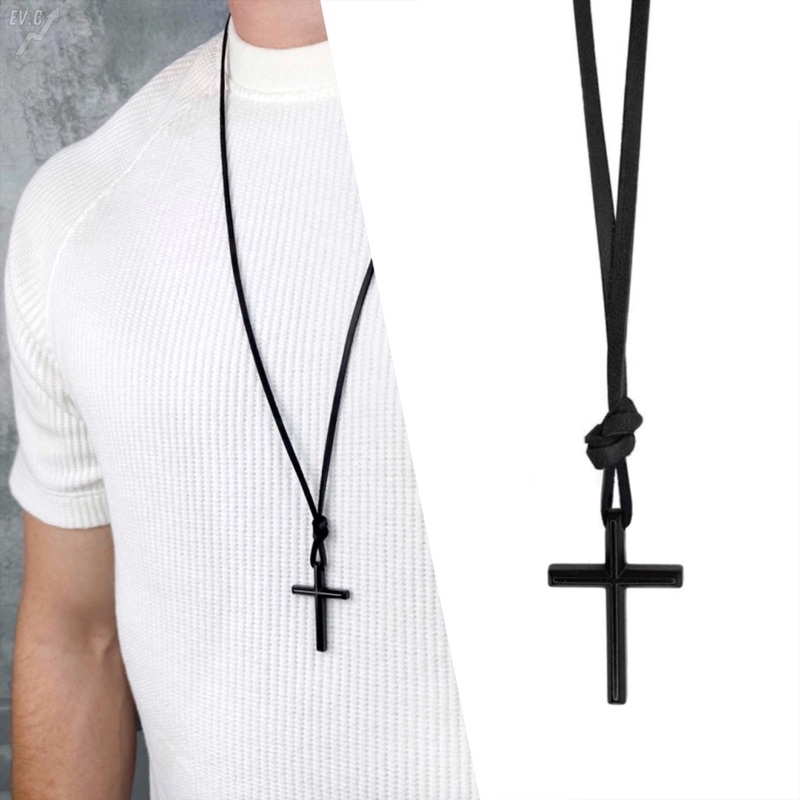 Cordão Masculino Colar Regulável Couro Ecológico Cruz Preta Envio Rápido