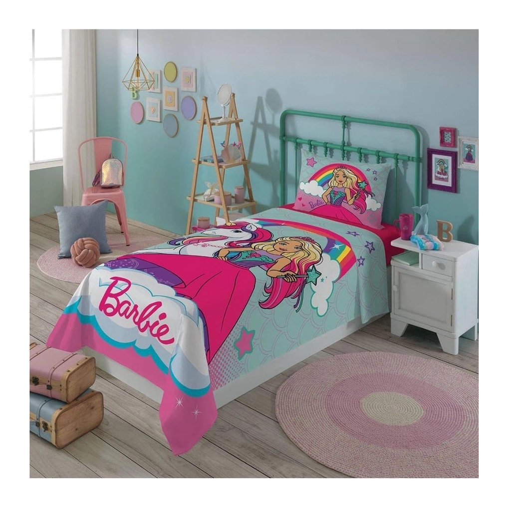 Jogo de Cama Lepper Barbie Reinos Mágicos Menina Lençol Solteiro 2