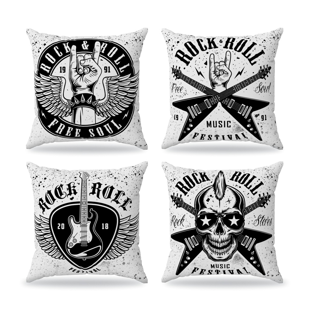 Kit 4 capas de almofada decorativa rock retro music 45x45cm