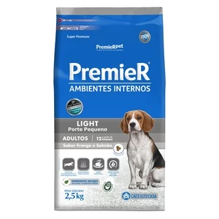 Ração Premier Ambientes Internos Light para Cães Adultos de Pequeno Porte Sabor Frango e Salmão - 2,5Kg