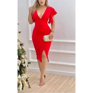 Vestido Midi vermelho de festa casamento formatura aniver convidadas decote manguinha P ao GG