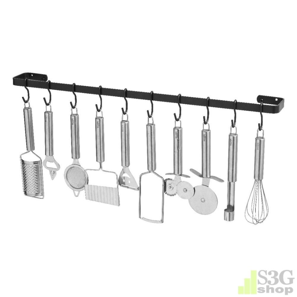 Porta Utensílios E Talheres De Parede 60cm 10 Ganchos Preto