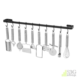 Porta Utensílios E Talheres De Parede 60cm 10 Ganchos Preto