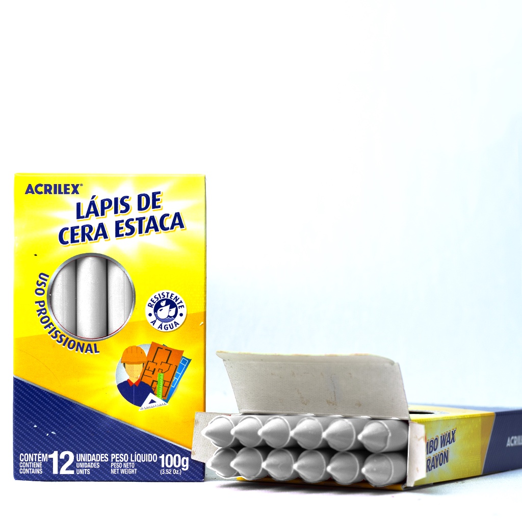 Giz de Cera Estaca Branco Acrilex 1 Caixa(12 Unidades) Profissional uso ...