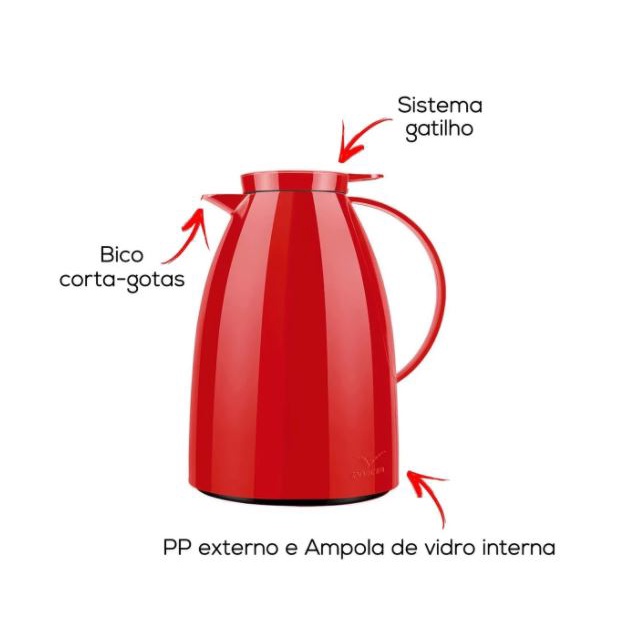 Garrafa De Café Térmica Bule Viena Modelo Gatilho Vermelha - baitashop