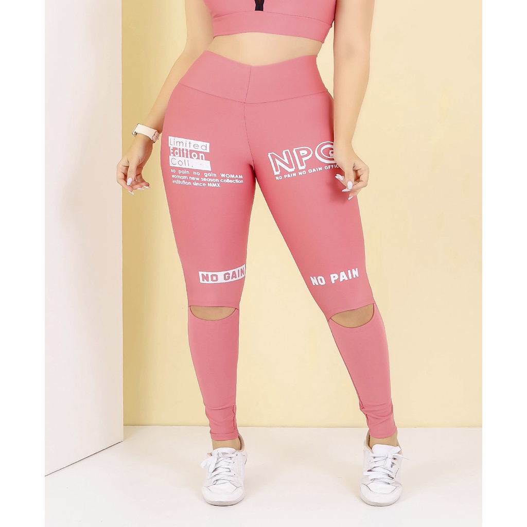 Calça Feminina Legging Academia Cintura Alta Moda Fitness Rosa Bêbe Rasgado  no Joelho