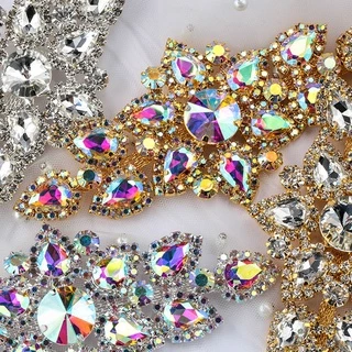 QIAO 6,3x13,5cm Costura Em Applique De Rhinestone 1 Unid . Base De Prata Cristal Transparente Rhinestones Vestido De Noiva DIY
