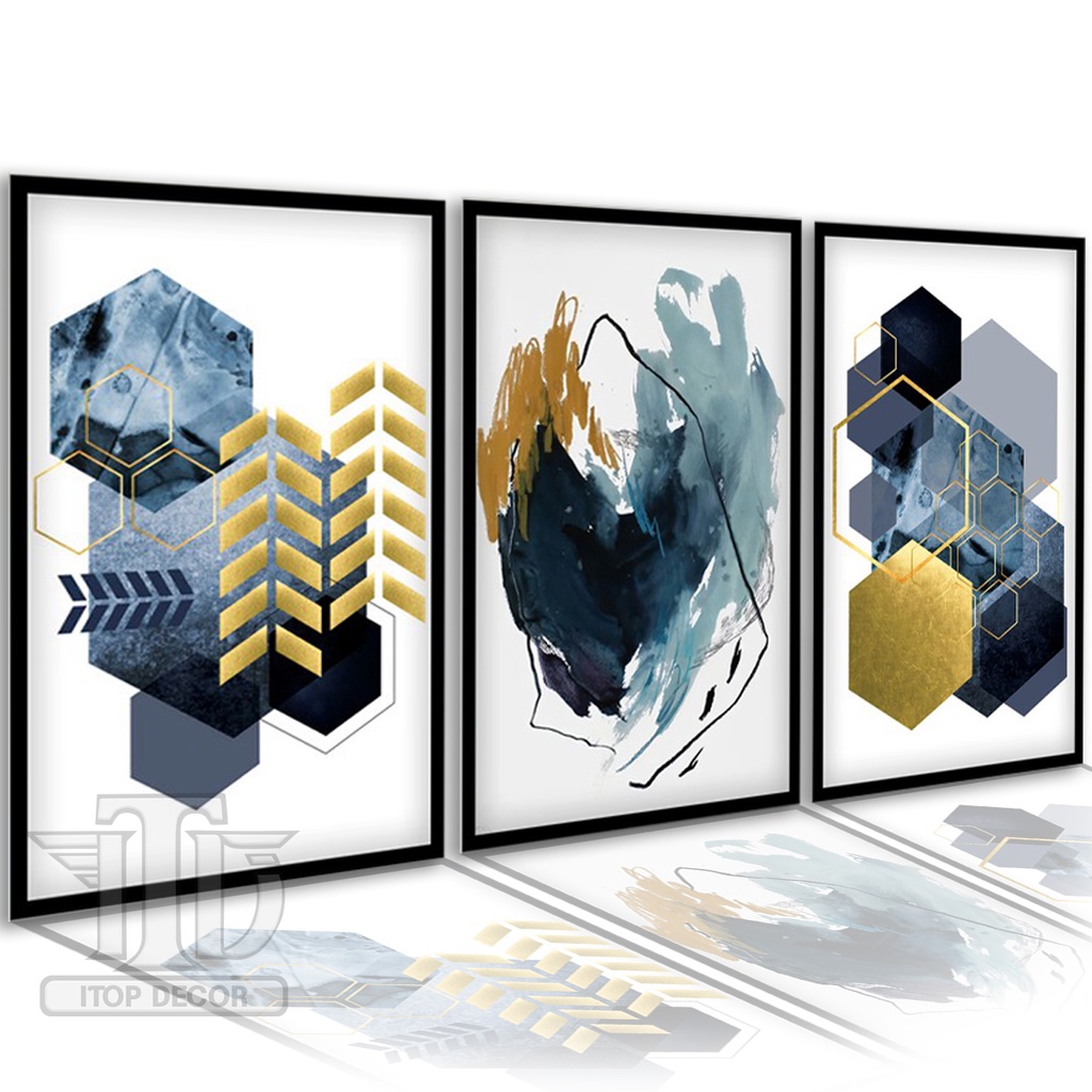 Kit 3 Peças Quadros Decorativos de Parede Mosaico Hexágono Abstrato Azul Gold Moldura Preta Quarto Escritório Sala