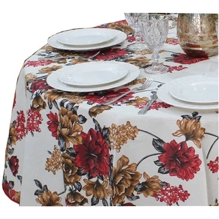 Toalha de Mesa Redonda 8 Lugares em Tecido Linhão Estampado 2,20m de Diâmetro Flores Vermelhas Sala/Jantar