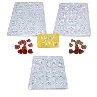 Kit 3 Formas de Acetato para Chocolate BWB Simples Sem Silicone Coração Mini + Mini Alfabeto + Mini Numero