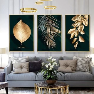 Quadro Decorativo Kit 03 Peças Tamanhos: 40x60 - 50x70 - Folhagem Dourada Para Sala Quarto Escritório - Placas Sem Moldura