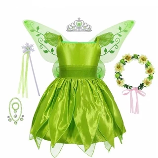 Vestido De Sino De Fada De Flor Verde Cossky Elf Cosplay Com Asas De Borboleta Conjunto De Crianças Fantasia De Carnaval 2-10Y GZXM