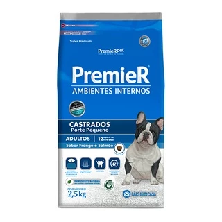 Ração Premier Ambientes Internos para Cães Adultos Castrados de Pequeno Porte Sabor Frango e Salmão - 2,5Kg