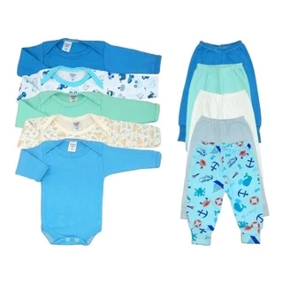 kit enxoval body e mijão 6 peças bebê menino e menina Algodão estampado e liso sortidos