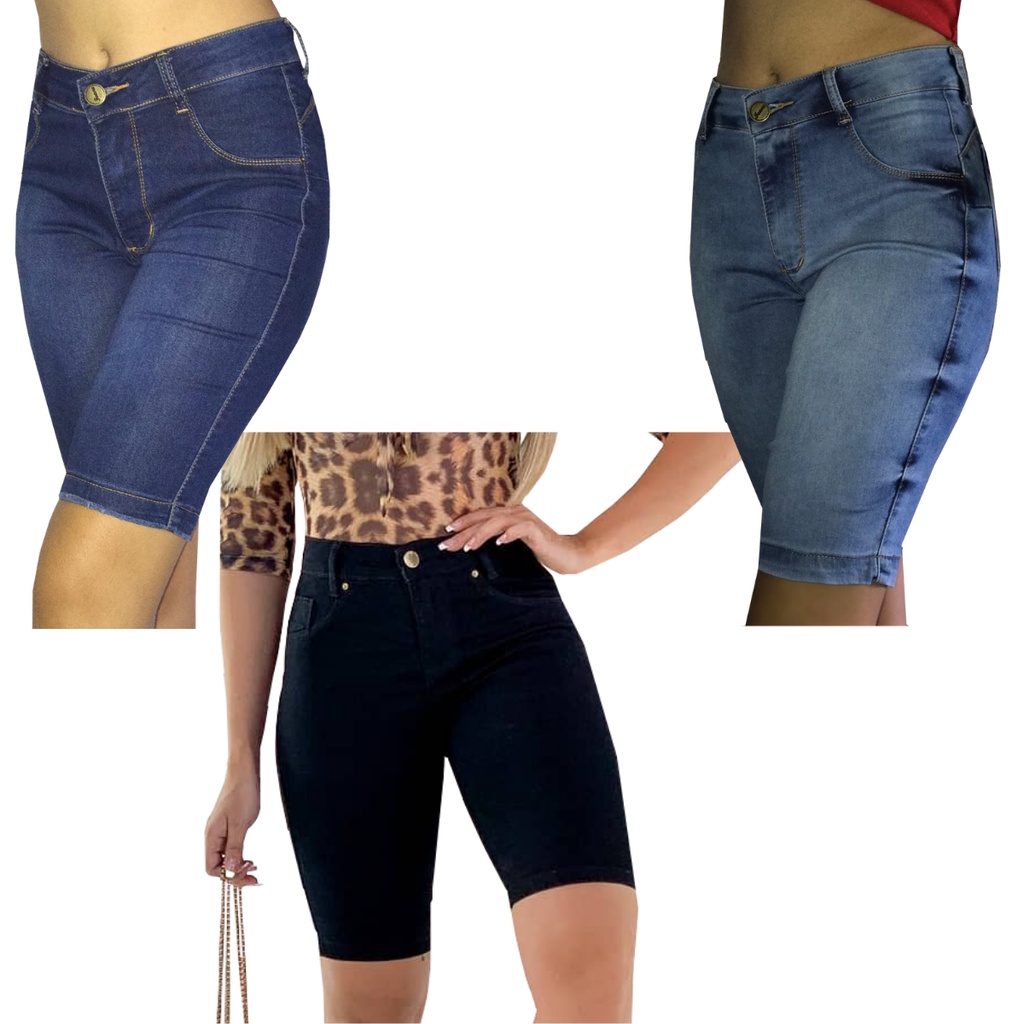 Kit 3 Bermudas Jeans Ciclista (Até o Joelho) Feminina Cintura Alta Lycra  Elastano Cós Alto Vai Até o Umbigo