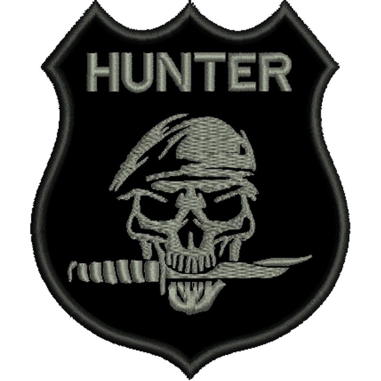 Patch 9x7,5cm bordado hunter caveira com boina com carrapicho, para  costurar ou termocolante