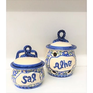 Kit Saleiro e Alheiro de Cerâmica Pintado à Mão Artesanal Mantimentos Pote Alho e Sal