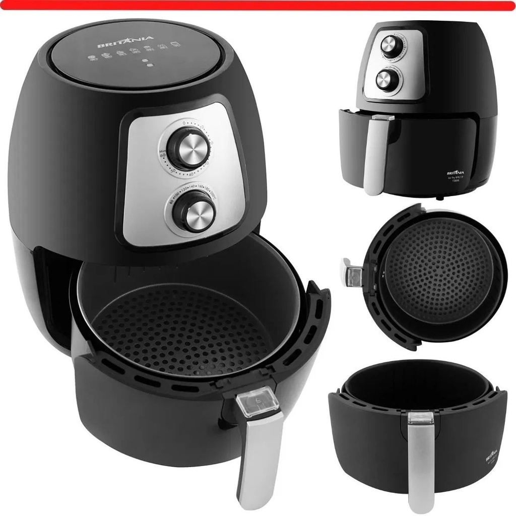 Fritadeira Elétrica Air Fryer Sem Óleo Britânia Panela de 4 litros Preta Inox com cesto antiaderentes