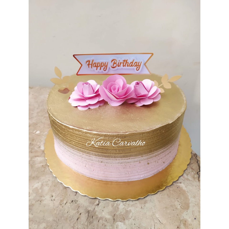 Topo de Bolo Topper Tags Flores Rosa Happy Birthday | Shopee Brasil