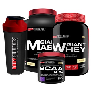 Kit Suplemento em Pó Hipercalórico Giant Mass 3kg + Whey Protein Giant Whey 900g + Bcaa 4.5 Powder Uva + Coqueteleira - Kit Para Aumento de Massa Muscular e Peso Corporal - Bodybuilders