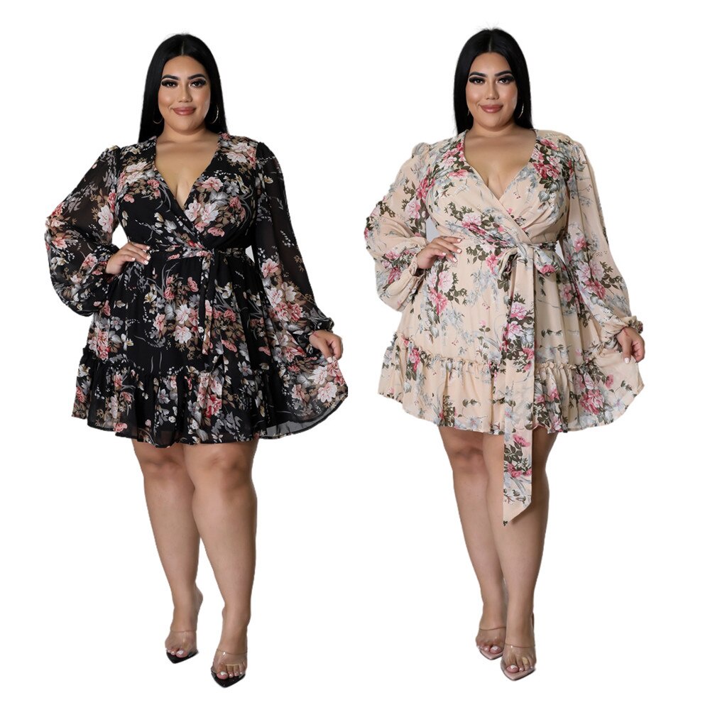 Vestidos Mulheres Plus Size 5xl Festa Sexy Flor Imprimir Mini Vestido Solto Elegante Roupas Casuais