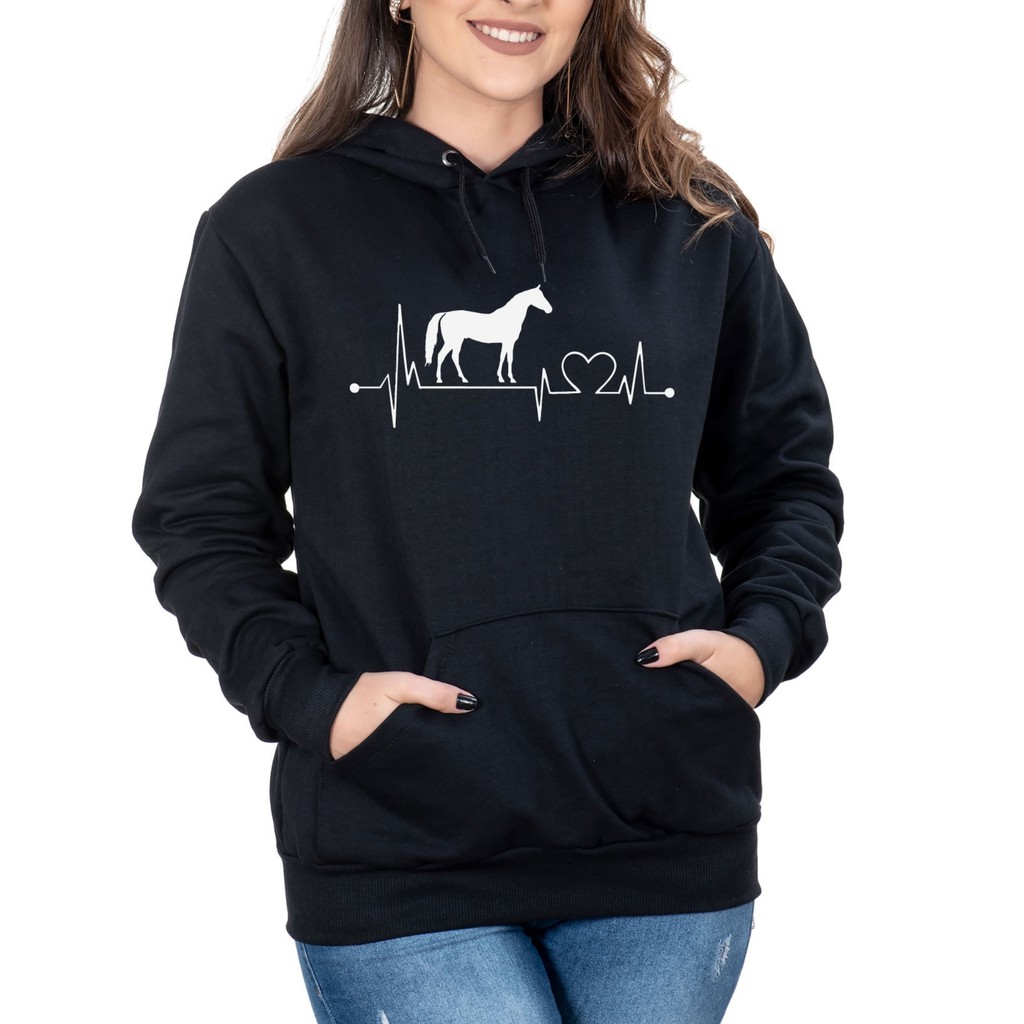 Moletom Feminino Preto CAVALO CORAÇÃO com Capuz e Bolso Canguru