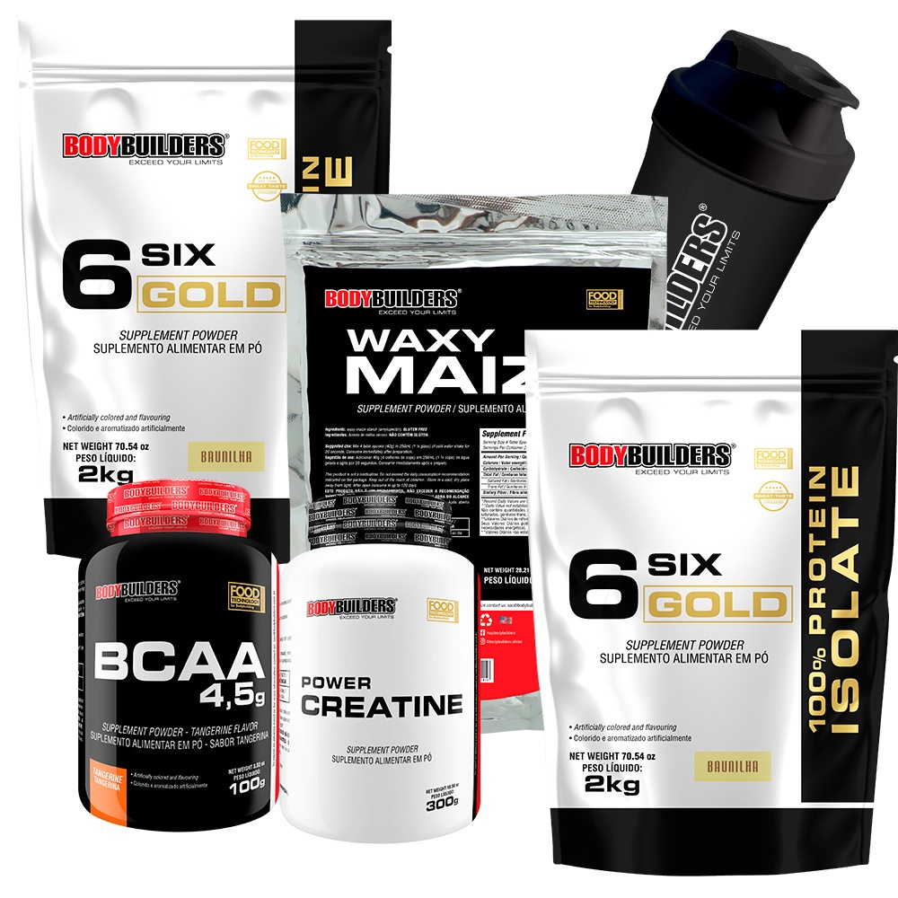 KIT 2x Whey Isolado Six Gold 2kg, Waxy Maize 800g, POWER Creatina 100g, BCAA 100g, Coqueteleira – Bodybuilders