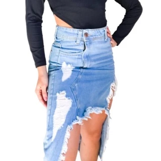 Saia jeans midi curta com rascado curta na frente cintura alta