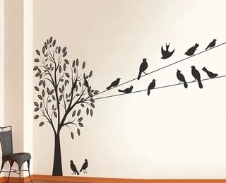 Adesivo Decorativo De Arvore Com Passaros No Fio, Parede