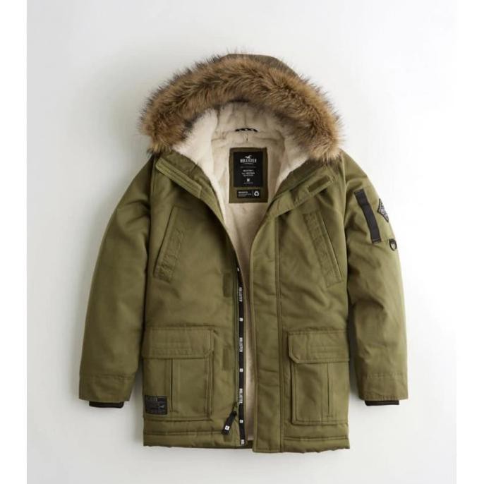 Hollister All Weather Parka Jacket Faux Fur Hood in Olive