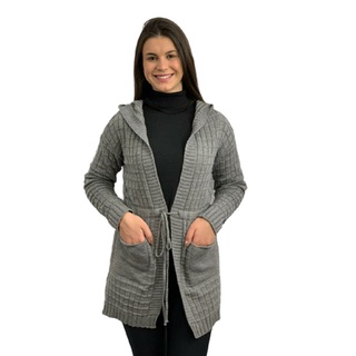 Casaco Feminino Manga Longa Trico Capuz e Bolso de Amarrar Inverno