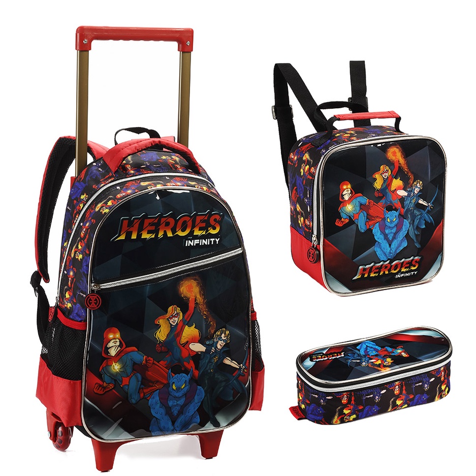 Kit Mochila Escolar Infantil Menino Rodinhas Denlex Heroes Infinity