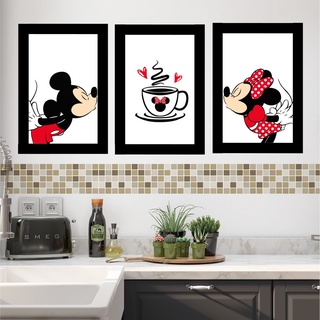 Kit Quadros Decorativos Mosaico 3 Peças Trio Minnie e Mickey CAsal Love Amor Paixão Cozinha Xicara Abstrato Vermelho Minimalista