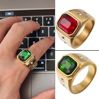 18k Yellow Gold Emerald Stone Simple Style Titanium Steel Crystal Diamond Engagement Rings For Men Women Fashion Gold Rings