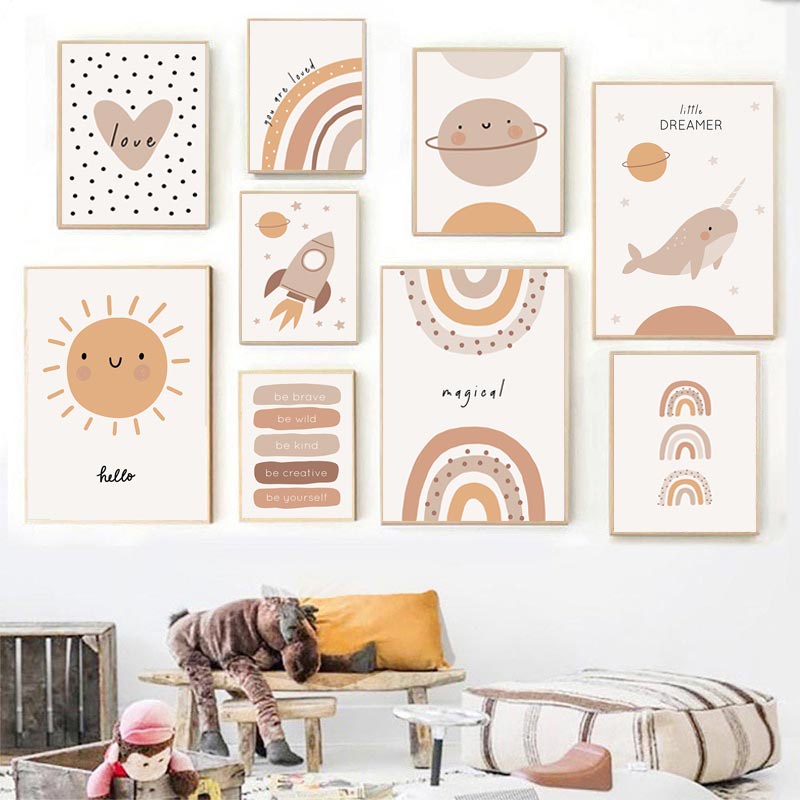 Poster Boho Crianças Sol Amor Rainbow Baleia Pintura Da Lona Arte Parede Do Quarto Bebê Decoração Kids Room Decor