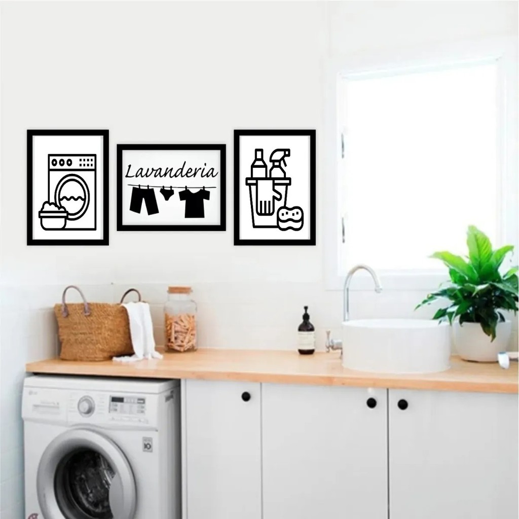 Quadros Lavanderia Decoração Kit Quadros decorar Lavanderia com moldura e vidro