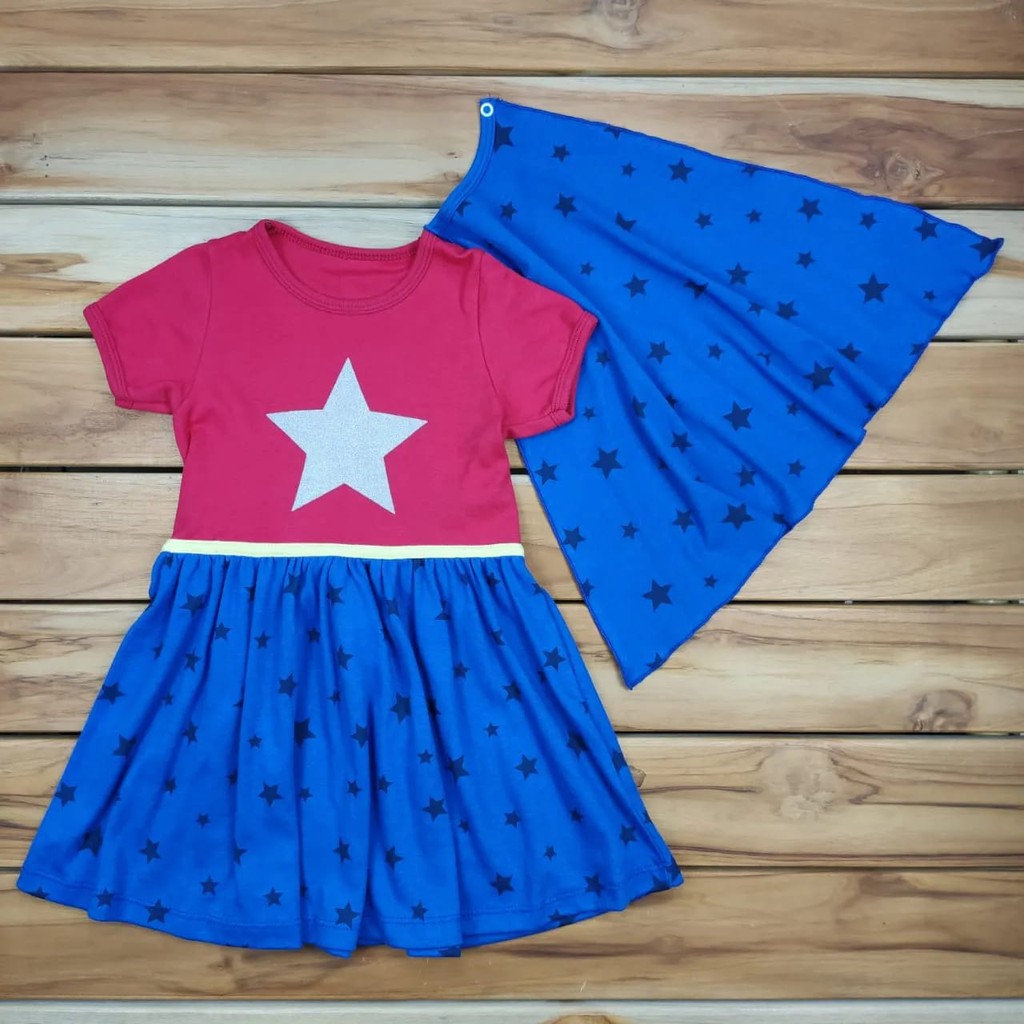 Fantasia Mulher Star Infantil Estilo Maravilha Vestido Capa