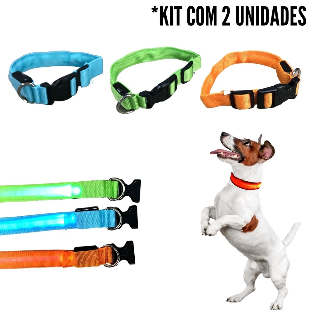 2 Coleira Para Cachorro Pet Com Led Tamanho Médio Regulável