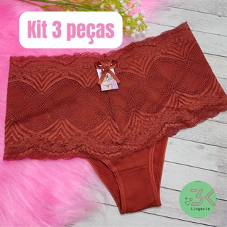 kit Lingerie 3 calcinha aperta barriga de algodão cós alto cinta modeladora de 16cm lingerie luxo(3pç)