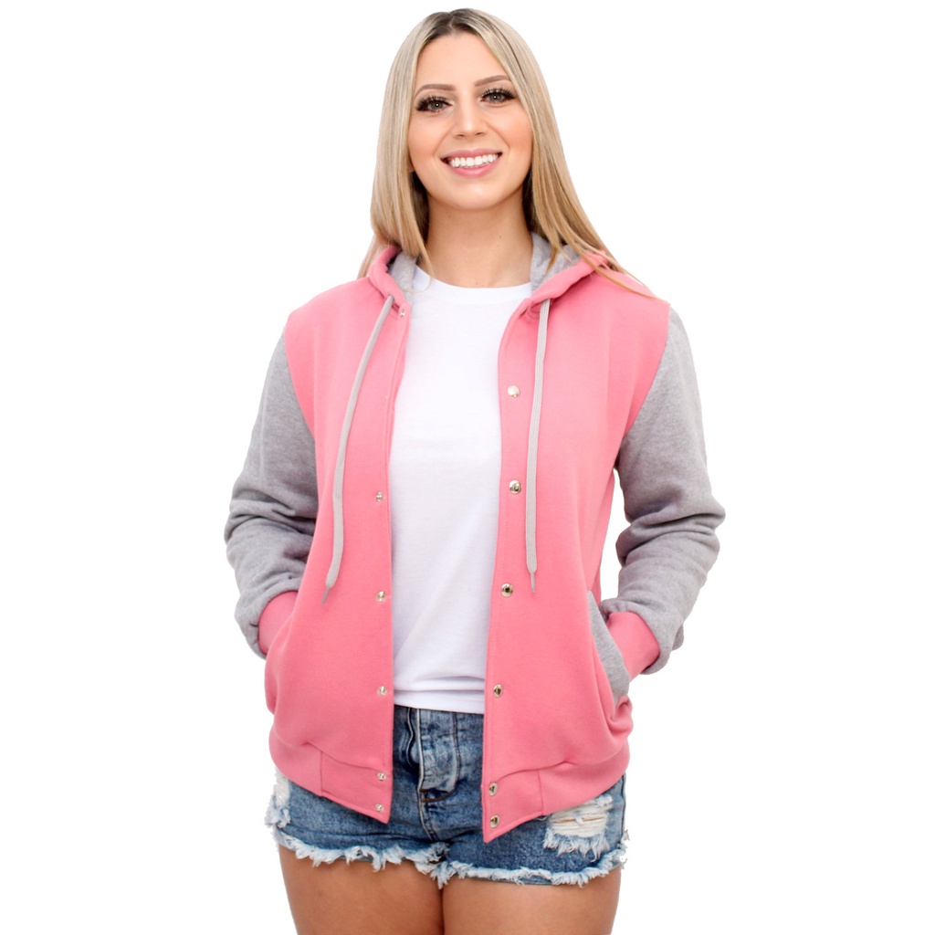 Jaqueta College Feminina Com Capuz Casaco Moletom Colegial Rosa