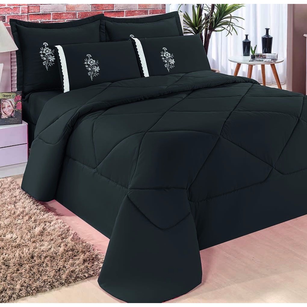 Kit 6 peças para cama Queem conforto edredom + jogo de lençol preto