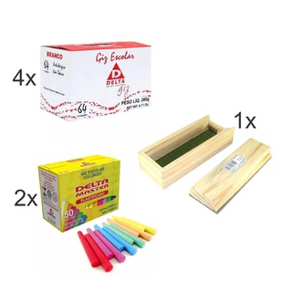 Kit Escolar Combo 1 Apagador Madeira Souza +4 Giz Branco Delta + 2 Giz Colorido Plastificado Delta